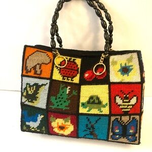 Vintage Retro 70's Tote Bag Handmade Needlepoint Patchwork Bob Miller Insects